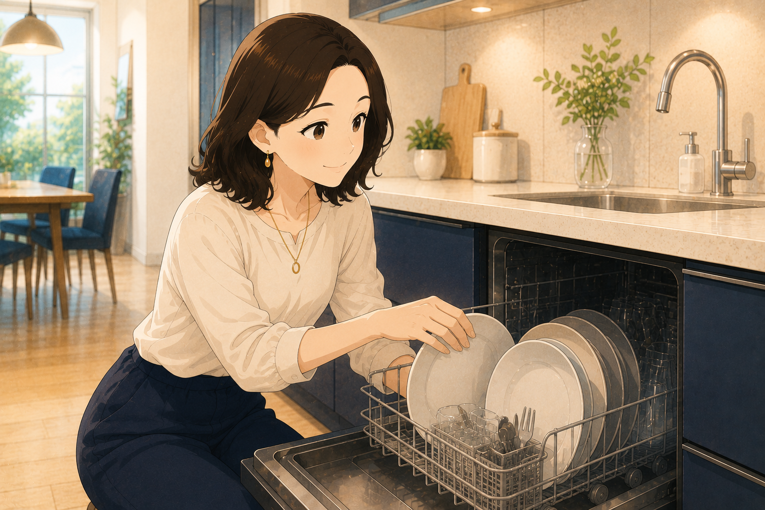 食洗機に食器を入れている女性