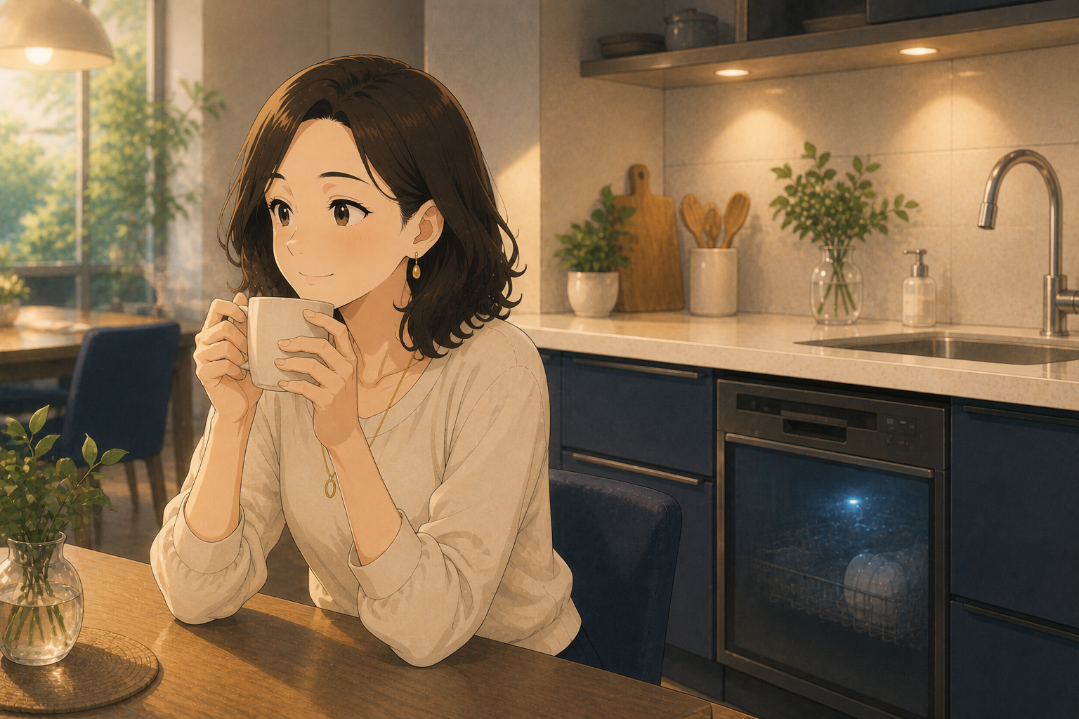 片づいたキッチンでリラックスしている女性