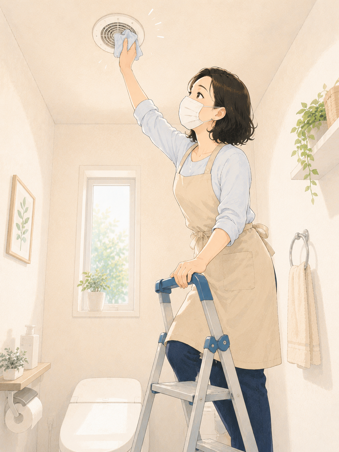 脚立に乗ってトイレの換気口を掃除する女性