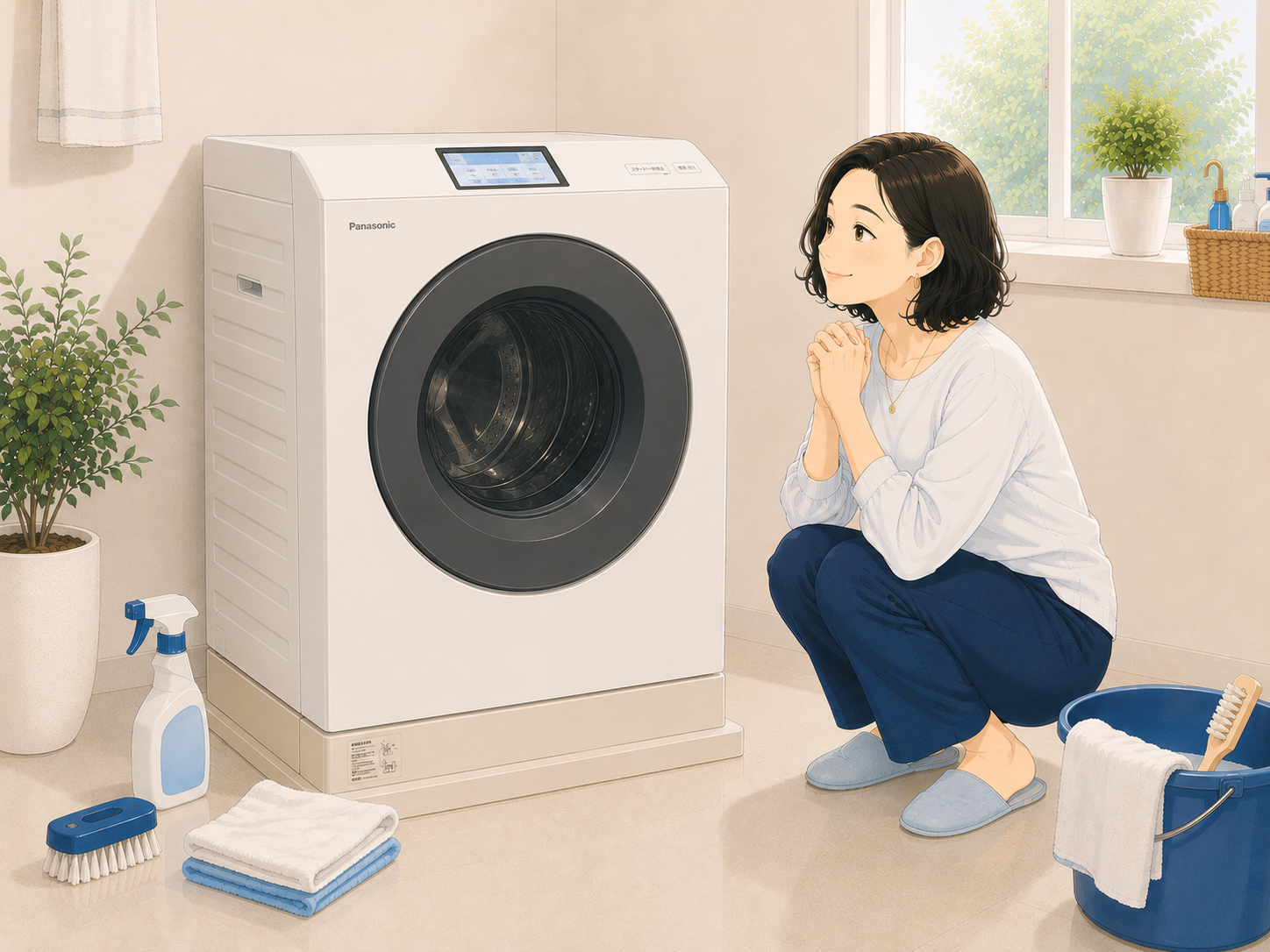 ピカピカになった洗面所で満足する女性