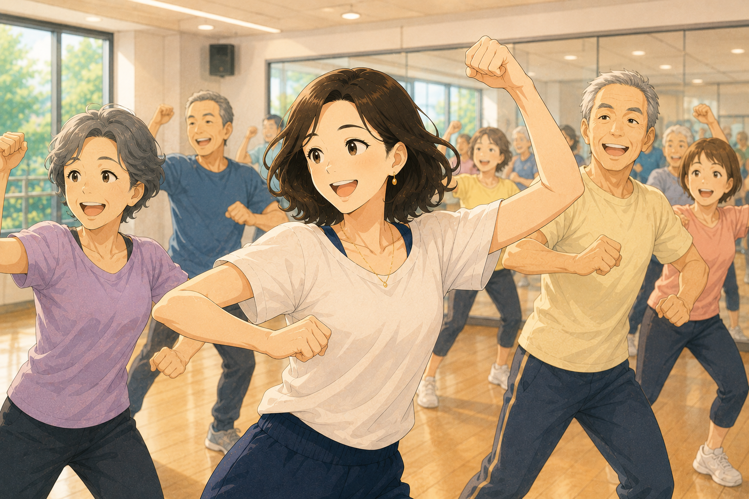 シニアたちが楽しそうにエアロビクスをしている様子