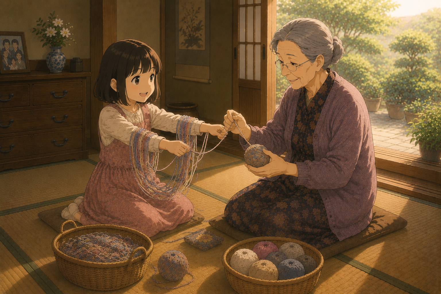 縁側で毛糸玉を作る祖母と子供