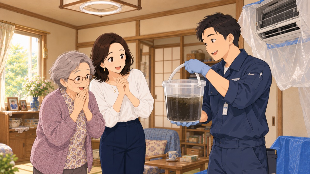 エアコン洗浄後の真っ黒な水を見せてくれる業者さん