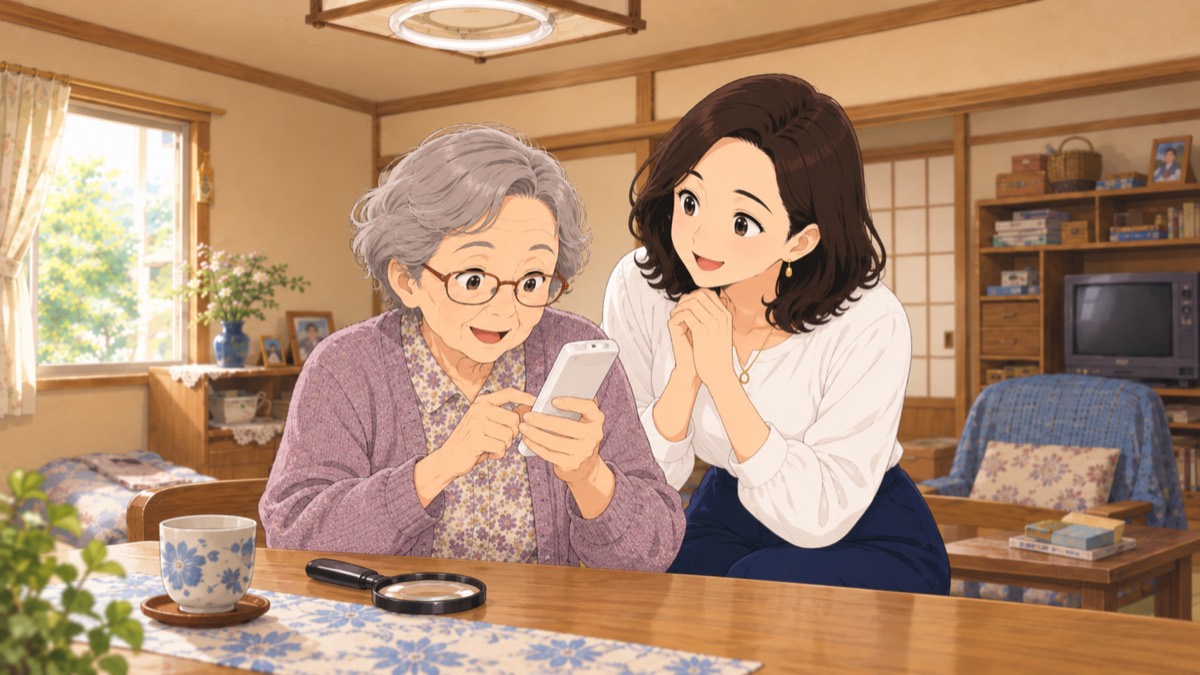 老眼鏡をかけてリモコンの表示が見えた母