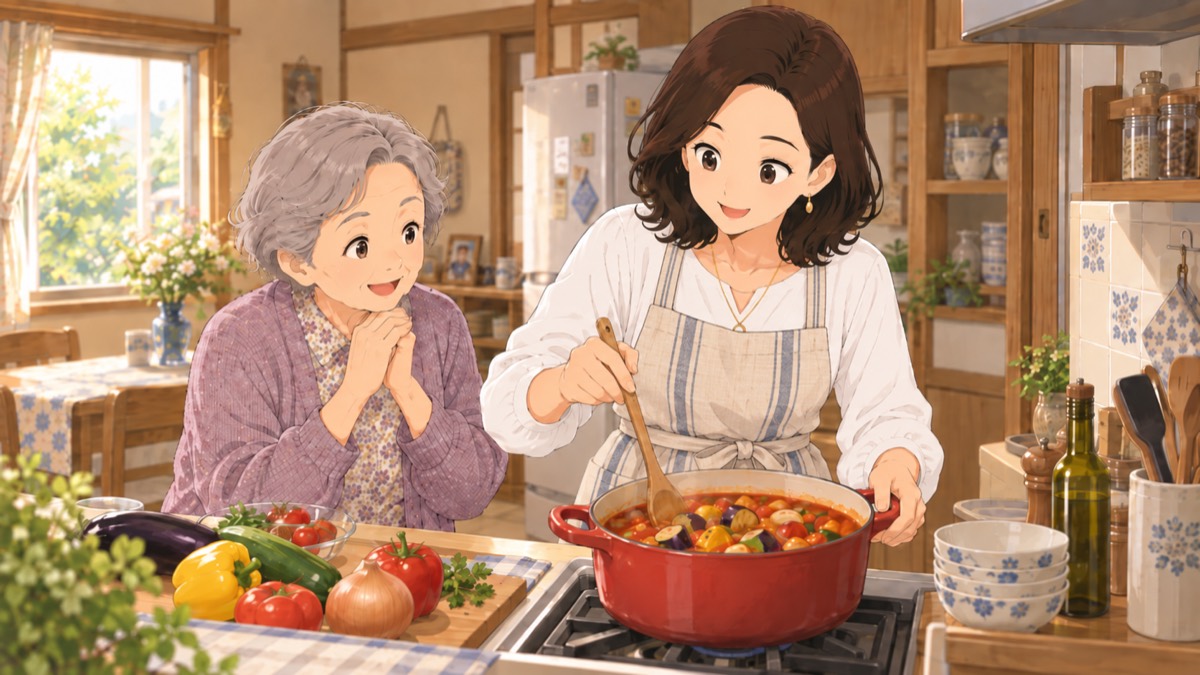 母の家の台所で野菜のトマト煮込みを作る