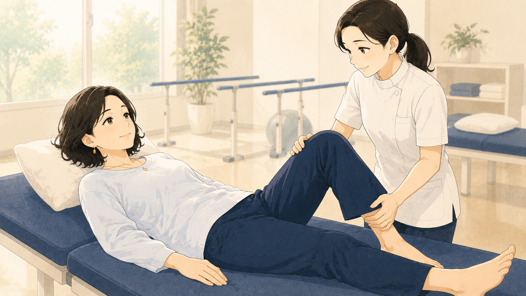 リハビリ室でマッサージを受ける女性
