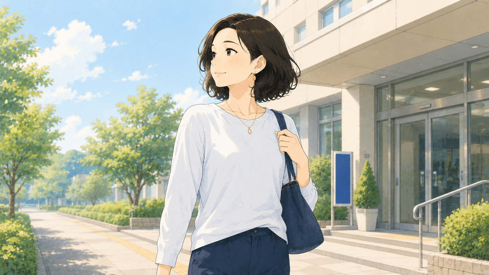 病院帰りに前向きな気持ちで歩く女性