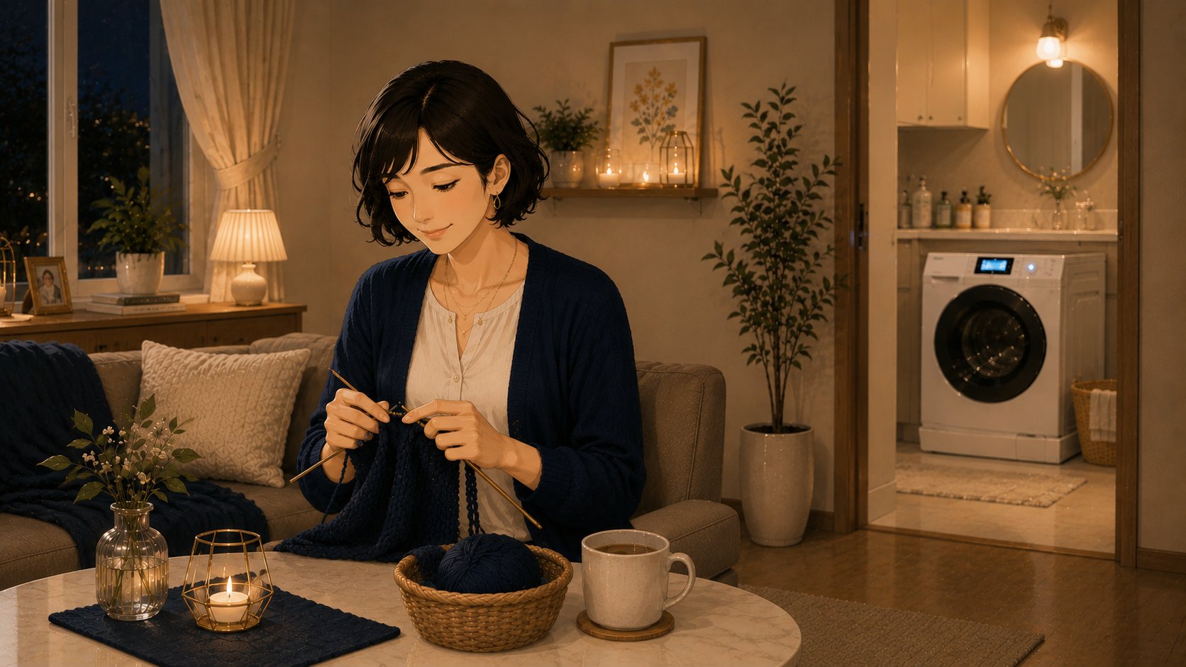 ドラム式洗濯乾燥機が洗濯している間に編み物を楽しむ自分時間